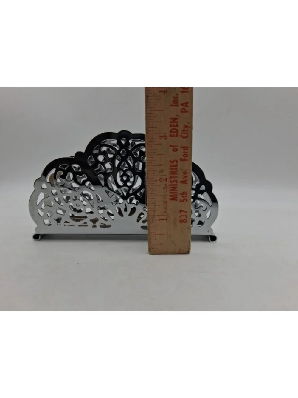 Vintage Irvin Ware USA Chrome/Silver Lace Filigree Napkin Holder/Letter Holder
